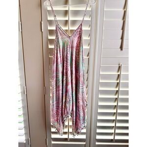 Goa Beachwear by Japna Pink Palm Leaf Pom Pom Sharkbite Boho Dress Medium